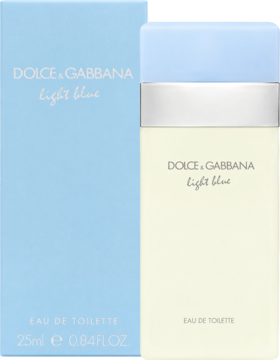 Dolce & Gabbana Light Blue EDT 25ml, jasnoniebieskie pudełko obok flakonu z błękitną nakrętką, widok z przodu.
