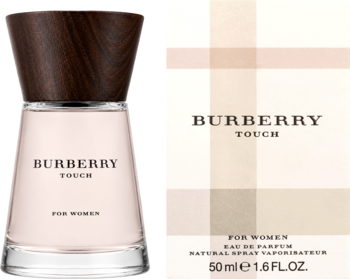 Burberry Touch For Women EDP: butelka z różowym płynem, drewnianą nakrętką i beżowe pudełko w kratkę, widok z przodu.
