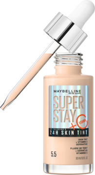 Maybelline Super Stay 24H Skin Tint z witaminą C, beżowy podkład w butelce z otwartym aplikatorem typu dropper.