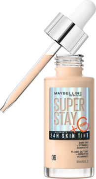 Maybelline Super Stay 24H Skin Tint z wit. C, jasny odcień, butelka z uniesionym aplikatorem z kroplą tintu.