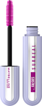Maybelline Falsies Surreal Mascara, otwarta, jasnofioletowa tuba, z wysuniętą różową szczoteczką.