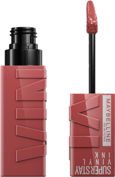 Maybelline Super Stay Vinyl Ink, płynna pomadka w odcieniu brudnego różu, otwarta z widocznym aplikatorem i zamknięta.