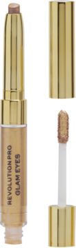 Revolution Pro Glam Eye Duo Bejewel, złoty cień 2w1. Produkt otwarty, widoczny wysunięty sztyft i płynny aplikator.