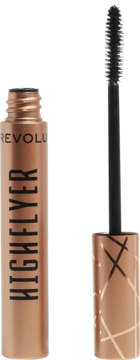 Otwarta miedziana mascara Revolution High Flyer z wyciągniętą szczoteczką. Wodoodporny tusz wydłuża i unosi rzęsy.