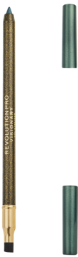 Błyszcząca złota kredka Revolution Pro Visionary Gel Eyeliner z turkusową końcówką i odłożoną skuwką.