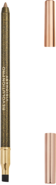 Revolution Pro Visionary Gel Eyeliner, połyskujący brązowo-złoty, stoi pionowo obok miedzianej skuwki.