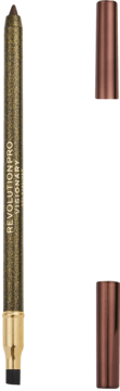 Pionowa, błyszcząca, ciemnobrązowa kredka Revolution Pro Visionary Gel Eyeliner z odłączoną złotą skuwką.