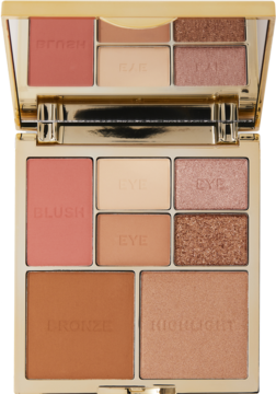 Revolution Pro True Love Medium-Deep, złota, otwarta paleta do makijażu z lusterkiem, różem, bronzerem, rozświetlaczem i cieniami.