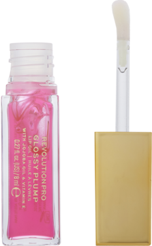 Revolution Pro Glossy Plump, różowy olejek do ust z jojobą i witaminą E, butelka z wyjętym aplikatorem.