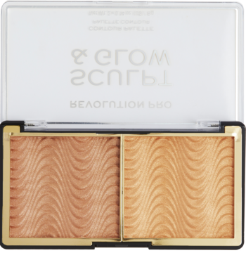 Otwarta paleta Revolution Pro Sculpt & Glow Medium-Deep z dwoma pudrami o falistej fakturze: bronzerem i rozświetlaczem.