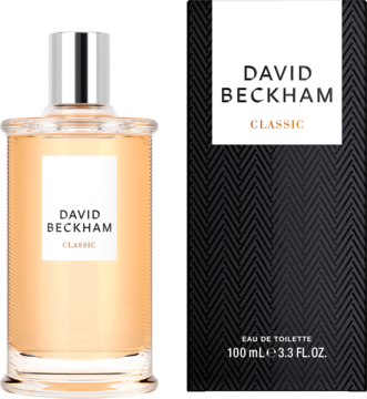 Flakon wody toaletowej David Beckham Classic 100ml z bursztynowym płynem i srebrną nakrętką, obok czarne opakowanie.