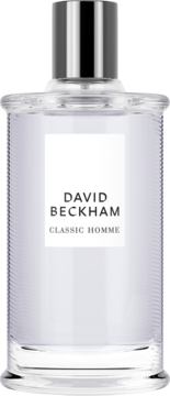 David Beckham Classic Homme woda toaletowa w przezroczystej prostokątnej butelce z srebrną nakrętką, widok z przodu.