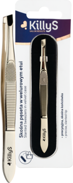 Złota skośna pęseta KillyS z precyzyjną końcówką, widoczna luzem i w welurowym etui na opakowaniu.