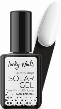 Biały lakier Lacky Nails Solar Gel Nail Enamel w butelce, obok próbnik koloru. Widok z przodu.