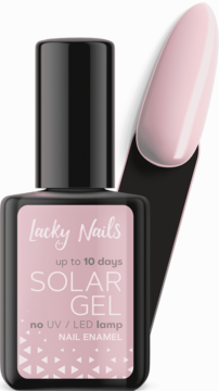 Różowy lakier Lacky Nails Solar Gel Nail Enamel, utwardzany słońcem, butelka i swatch na beżowym tle.