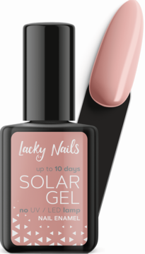 Lakier Lacky Nails Solar Gel w odcieniu pudrowego różu, butelka i próbnik. Utwardza się bez lampy UV.