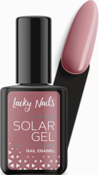Różowy lakier Lacky Nails Solar Gel 05 blush, ciemna butelka, obok błyszczący swatch, widok z przodu.