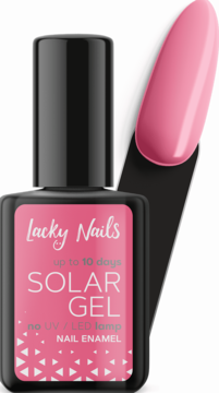 Różowy lakier Lacky Nails Solar Gel Nail Enamel, butelka i swatch, utwardzany słońcem do 10 dni.