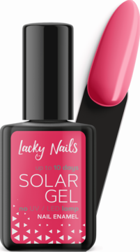 Różowy lakier Lacky Nails Solar Gel nr 08 smoothie, butelka z czarną nakrętką i wzornikiem koloru obok.