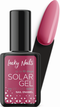 Różowy lakier Lacky Nails Solar Gel 09 fuchsia w czarnej butelce, obok wzornik koloru, bez lampy UV.