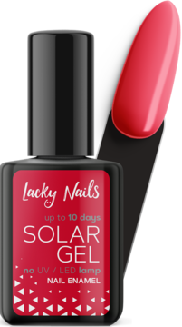 Lacky Nails Solar Gel Nail Enamel, karmazynowy lakier bez UV/LED, butelka z czerwoną etykietą i swatch.