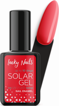 Czerwony lakier Lacky Nails Solar Gel w butelce, obok czerwony wzornik. Szybkoschnący bez lampy UV/LED.