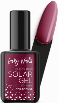 Lakier Lacky Nails Solar Gel aubergine, butelka i wzornik koloru, bez lampy UV/LED, przód.
