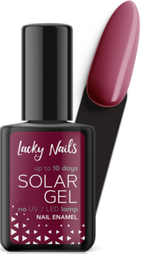 Lacky Nails Solar Gel lakier do paznokci #13 aubergine, butelka z czarnym korkiem i próbnik koloru.
