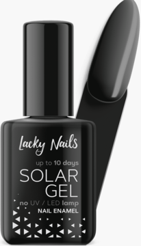 Czarny lakier do paznokci Lacky Nails Solar Gel bez lampy UV/LED, butelka z dopasowanym wzornikiem.