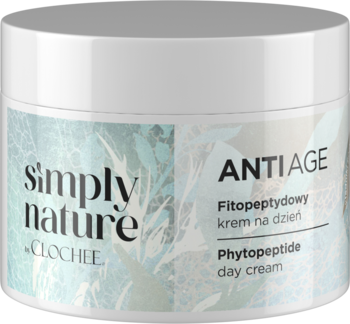Clochee Simply Nature Anti-Age, fitopeptydowy krem na dzień w białym, okrągłym słoiku, widok z przodu.