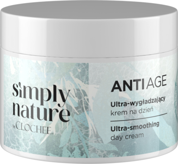 Słoiczek Clochee Simply Nature Anti Age, Ultra-wygładzający krem na dzień, biały z botanicznym wzorem.