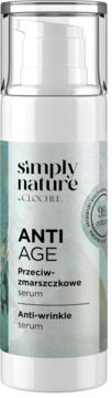 Biała butelka serum Clochee Simply Nature Anti Age z pompką, zielonym botanicznym wzorem, widok z przodu.