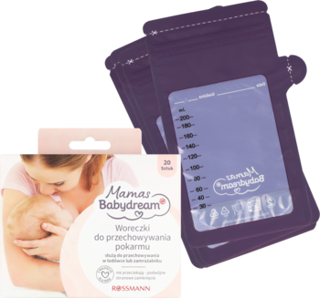 Biało-różowe opakowanie Babydream Woreczki do przechowywania pokarmu i dwie fioletowe torebki, szczelne, z miarką.