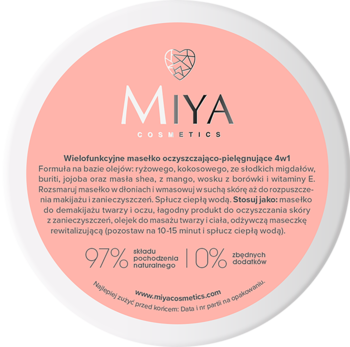 Różowe masełko oczyszczające 4w1 Miya myCLEANhero w białym słoiczku, widok z góry, z logo Miya Cosmetics.