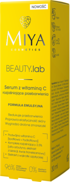 Miya BEAUTY.lab Serum z witaminą C, żółte pudełko z napisem NOWOŚĆ, widok z przodu i boku.