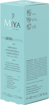 Jasnoniebieskie pudełko kremu nawadniajacego Miya mySKINisotonic z elektrolitami, widok z przodu.