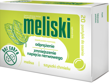 Meliski pastylki do ssania, biało-zielone pudełko, widok pod kątem, z napisem odprężenie i bez cukru.