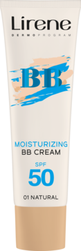 Lirene Nawilżający BB Krem SPF 50, biała tubka z beżowym dnem i niebieskim napisem BB, odcień 01 Natural.
