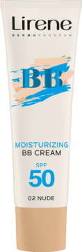 Biała tuba Lirene Nawilżający BB Krem SPF 50 02 Nude, z niebiesko-beżowym wzorem i napisem BB.