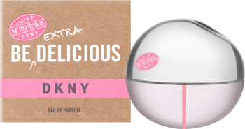 DKNY Be Extra Delicious woda perfumowana, opakowanie kartonowe i kulista butelka biało-różowa, widok z przodu.