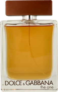 Dolce & Gabbana The One For Men woda toaletowa, butelka z przezroczystego szkła, brązowa nakrętka, bursztynowy płyn, widok z przodu.