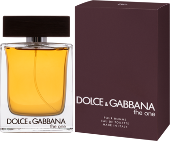 Woda toaletowa męska Dolce & Gabbana The One For Men. Butelka z bursztynowym płynem i brązowe pudełko, widok z przodu.