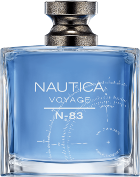 Nautica Voyage N-83 męskie perfumy w przezroczystej butelce z niebieskim płynem i srebrną nakrętką, widok z przodu.