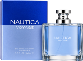 Nautica Voyage woda toaletowa, niebieskie pudełko i szklana butelka z niebieskim płynem, widok z przodu.