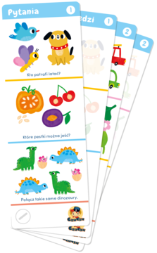 Stos edukacyjnych kart CzuCzu Zagadki 3-4 lata, z rysunkami zwierząt, owoców i dinozaurów, fanki kart.