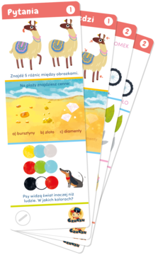 Fanned stack of CzuCzu educational riddle cards for children 6-7, with colorful llama and beach illustrations.