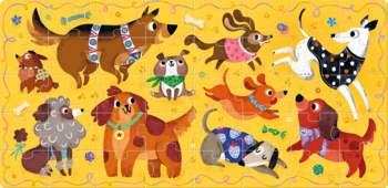 CzuCzu puzzle Hau Pieski, ilustracja z wieloma różnobarwnymi psami w ubrankach na żółtym tle.