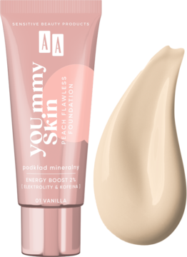 Różowa tubka podkładu YOU.mmy Skin Peach Flawless 01 Vanilla i beżowa smuga dla efektu glow.