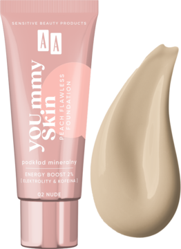 Różowa tubka podkładu AA YOU.mmy Skin Peach Flawless 02 Nude, z beżową próbką koloru obok.