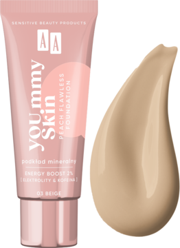 AA YOU.mmy Skin Peach Flawless podkład mineralny 03 Beige w różowej tubce, obok duża beżowa smuga.